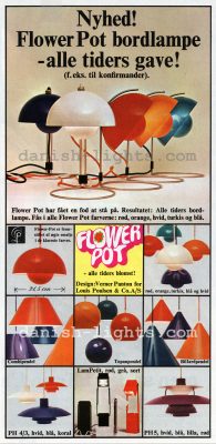 Verner Panton, Unspecified designer, Poul Henningsen for Louis Poulsen: Flowerpot table lamp, Flowerpot pendant light, Combipendel, Topanpendel, Billiardpendel, PH 4/3, LamPetit, PH 5