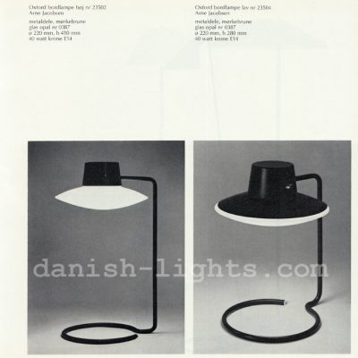 Arne Jacobsen for Louis Poulsen: Oxford table lamps 23502 (high) and 23504 (low)